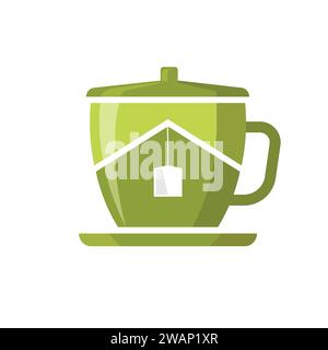 Haus in einer Tasse Tee. Vektorabbildung mit flachem Stil. Teehaus-Logo-Vektor Stock Vektor