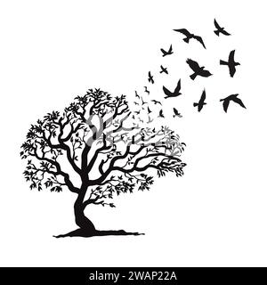 Baum-Silhouette mit Vogel fliegende Vektor-Illustration Stock Vektor