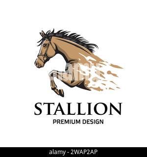 Hengst Pferderennen Logo Vorlage. Vektor Racer oder Aufzucht Mustang und laufender Hengstkopf für Pferdesportrennen, Reitsport Logo Vektor Stock Vektor