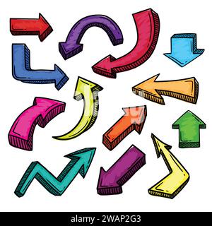Satz von hellen mehrfarbigen Vektor-volumetrischen Doodle-Pfeilen, die von Hand in verschiedene Richtungen gezeichnet wurden Stock Vektor