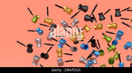 Viele fliegender türkischer Kaffee, der im Sand oder in der Kaffeemaschine gekocht wird, sind auf orangefarbenem Hintergrund. 3D-Rendering der Kaffeekanne für die Zubereitung von Espresso-Kaffee Stockfoto