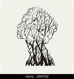 Frauen- und Naturvektorillustration, Silhouetten von Bäumen und Vögeln, die das Bild eines weiblichen Kopfes bilden Stock Vektor