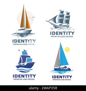 Sammlung von Segelschiff Seetransport Logo Vektor, Schnellboote Wellen Zeichen Vektor Illustration Stock Vektor