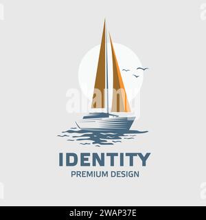 Symbol des Segelschiffes Seetransport Design Vektor, Schnellboote Wellen Zeichen Vektor Illustration Stock Vektor