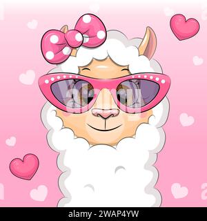 Niedliches Comic-Lama mit rosa Brille und Haarschleife. Vektor-Illustration eines Tieres auf rosa Hintergrund mit Herzen. Stock Vektor