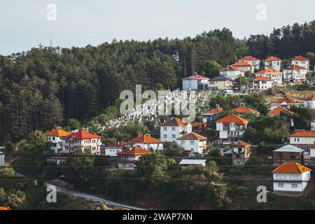 Gebäude auf einem Hügel in der Stadt Krushevo in Nordmakedonien, mit wunderschönen Terrakotta-Dächern und Bäumen auf den Hügeln. Aufgenommen im Oktober. Stockfoto