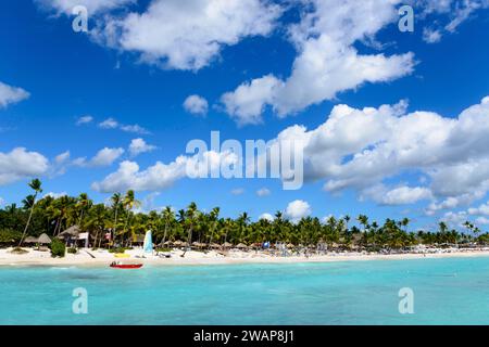 Ein idyllischer Strand mit klarem Wasser unter blauem Himmel, umgeben von Palmen, Palm Beach Dominicus, Bayahibe, Dominikanische Republik, Hispaniola, Karibik Stockfoto