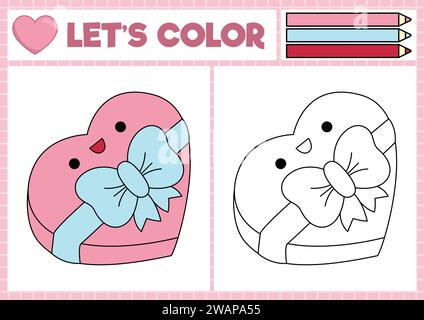 St. Valentine Ausmalseite für Kinder mit süßer Kawaii-herzförmiger Süßbox. Vektor Liebe Feiertagsumriss Illustration. Farbbuch für Kinder mit Stock Vektor