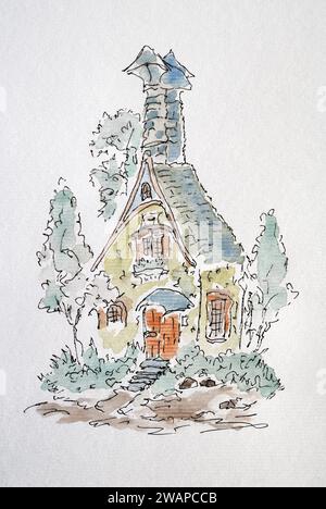 Hausskizze mit Liner und Aquarell erstellt. Farbige Illustration auf Aquarellpapier Stockfoto