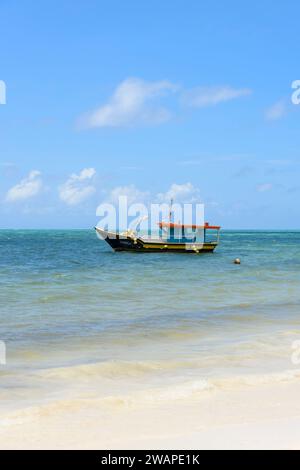 Fischerboote liegen vor dem Strand von Grand Anse auf Praslin Island, Seychellen, Indischer Ozean Stockfoto