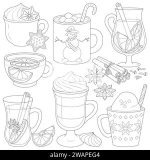 Weihnachtsfeiertag Becher. Kakao mit Marshmallows, winterliche Erfrischungsgetränke. Heiße Schokolade, Cappuccino und Latte, Glühwein, Tee mit Zitrone, irischer Kaffee. Symbolsatz für isolierte Vektorabbildungen. Stock Vektor