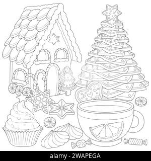 Weihnachtsteeparty Winterfeiertag Illustration, heißer aromatischer Tee, Süßigkeiten, Meringue, Weihnachtsbaum, Karamell, Kekse, Winterurlaub Illustration, Ausmalseite, Schwarzweiß, Strichgrafik Stock Vektor