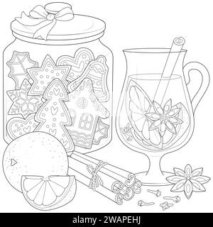 Vektor-Illustration von Glühwein im Glas mit Zitrusfrüchten und Gewürzen isoliert auf weißem Hintergrund. Weihnachtliches Stillleben mit Lebkuchen, Gewürzen, Obst und Grog. Winterbecher mit heißem Getränk. Ausmalseite. Stock Vektor