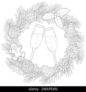 Weihnachtskranz mit Sektgläsern. Schwarz-weiß. Seite „Art Therapy Coloring“ (Kunsttherapie). Vektorabbildung Stock Vektor