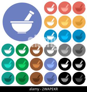 Mörtel und Pistill massive mehrfarbige flache Symbole auf runden Hintergründen. Inklusive weißer, heller und dunkler Symbolvarianten für den Hover- und aktiven Status Effe Stock Vektor
