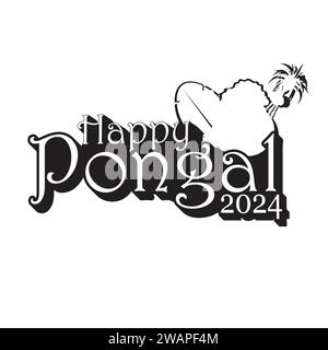 Happy Pongal Text Typografie Design Template. Designelement für Grußkarte, Banner, Poster und Druck. Schwarz-weiß-Vektorillustration. Stock Vektor