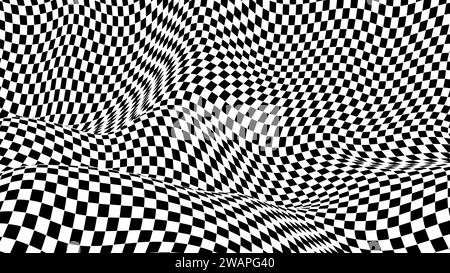 Verformtes Karomuster. Optische Illusion trippiger Hintergrund. Schachbrett für Vektorwellen Stock Vektor