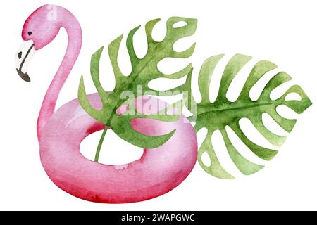 Handgezeichnetes Vektorbild Einer Sommer-Aquarellillustration mit Einem Flamingo-förmigen Schwimmring und tropischen Blättern Clipart auf weißem Hintergrund Stock Vektor