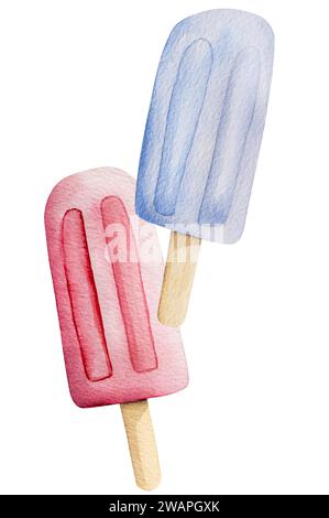 Vektor-handgezeichnetes Bild Einer Sommer-themenbezogenen Aquarellillustration mit blauem und rosa Eiscreme Clipart auf weißem Hintergrund Stock Vektor