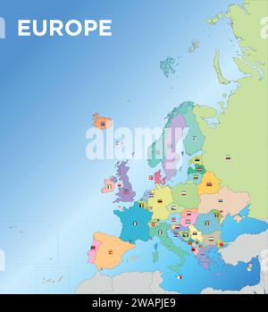 Europa-Karte mit der territorialen Aufteilung der staaten mit Namen und Flaggen der Nationen, Vektorillustration Stock Vektor