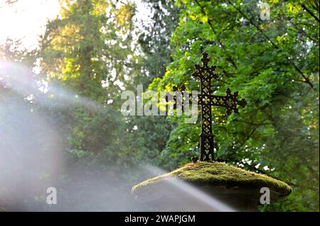 Altes Metallkreuz an moosbewachsener Säule mit Licht von der Seite Stockfoto
