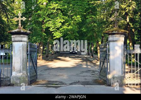 Eintritt zum Friedhof mit Allee mit Bäumen und Leichenwagen Stockfoto