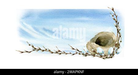 Aquarellfrühlingsnest mit Weidenzweigen. Handgezeichnetes leeres Vogelnest mit blauen Eiern und Blumendekoration für cad auf blauem Himmel Stockfoto