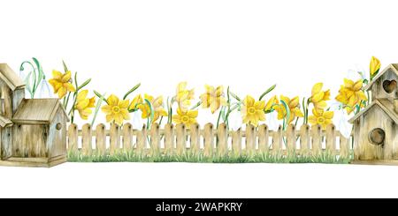 Aquarell handgezeichnet Ostern nahtlose Grenze mit hölzernem Vogelhaus, Holzzaun und Frühlingsblumen : Schneeglöckchen und gelbe Narzissen. Stockfoto