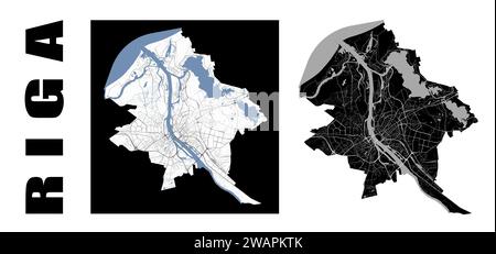 Riga Karte. Lettland Stadt innerhalb der administrativen Gemeindegrenzen. Satz von Schwarzweiß-Vektorkarten. Straßen und Fluss Daugava, hohe Auflösung. Stock Vektor