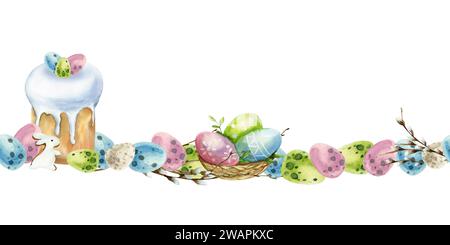 Nahtlose Ostergrenze mit Osterbrot, bunten Eiern und rustikalem Korb mit Weidenzweigen. Banner für den Frühjahrsdruck. Stockfoto