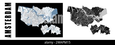 Amsterdam Karte. Niederländische Stadt innerhalb der administrativen Gemeindegrenzen. Satz von Schwarzweiß-Vektorkarten. Straßen und Amstel Fluss, Kanal, hohe r Stock Vektor