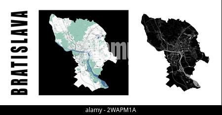 Bratislava Karte. Slowakei Stadt innerhalb der administrativen Gemeindegrenzen. Satz von Schwarzweiß-Vektorkarten. Straßen und Donau, hohe Auflösung. Stock Vektor