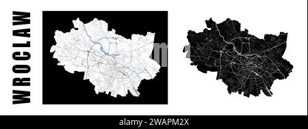 Breslau-Karte. Stadt Polen innerhalb der administrativen Gemeindegrenzen. Satz von Schwarzweiß-Vektorkarten. Straßen und oder, hohe Auflösung. Stock Vektor