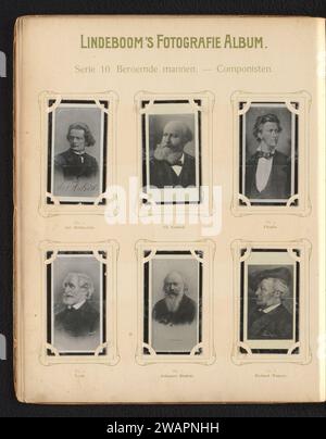 Sechs Reproduktionen gemalter und fotografischer Porträts von Anton Rubinstein, Charles Gounod, Frédéric Chopin, Giuseppe Verdi, Johannes Brahms und Richard Wagner, Anonymous, 1905–1906 fotomechanischer Druck diese Drucke sind Teil eines Albums. Amsterdam Papier. Pappkollotypporträt des Komponisten. Historische Personen Stockfoto