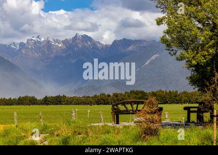 Eine Holzbank mit Blick auf den Fox Glacier in Neuseeland Stockfoto