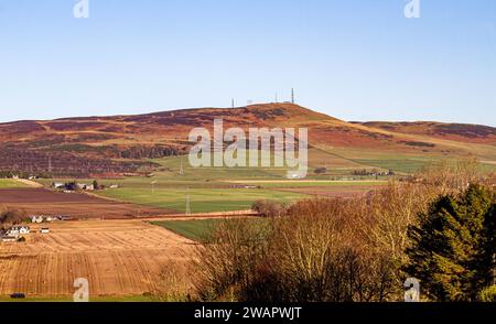 Dundee, Tayside, Schottland, Großbritannien. Januar 2024. Wetter in Großbritannien: Die wunderschöne Wintersonne mit Morgenfrost bietet einen fantastischen Blick auf die Sidlaw Hills und das Strathmore Valley im ländlichen Dundee, Schottland. Quelle: Dundee Photographics/Alamy Live News Stockfoto