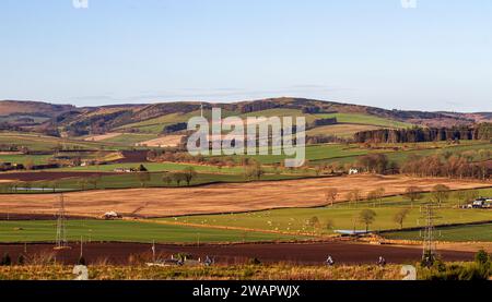 Dundee, Tayside, Schottland, Großbritannien. Januar 2024. Wetter in Großbritannien: Die wunderschöne Wintersonne mit Morgenfrost bietet einen fantastischen Blick auf die Sidlaw Hills und das Strathmore Valley im ländlichen Dundee, Schottland. Quelle: Dundee Photographics/Alamy Live News Stockfoto