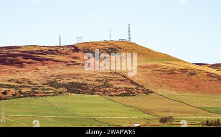 Dundee, Tayside, Schottland, Großbritannien. Januar 2024. Wetter in Großbritannien: Die wunderschöne Wintersonne mit Morgenfrost bietet einen fantastischen Blick auf die Sidlaw Hills und das Strathmore Valley im ländlichen Dundee, Schottland. Quelle: Dundee Photographics/Alamy Live News Stockfoto