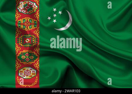 Hochdetaillierte Flagge Turkmenistans. Nationalflagge Turkmenistans. Asien. 3D-Abbildung. Stockfoto