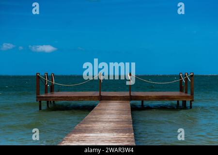 Dieses Bild zeigt ein kleines hölzernes Dock, das in den Ozean führt Stockfoto