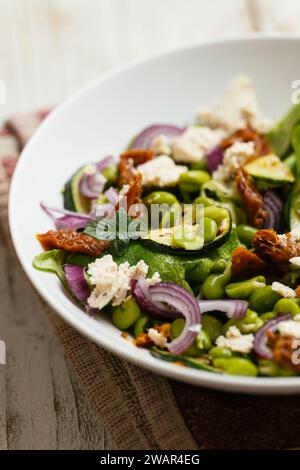 Schüssel mit hausgemachter Fava-Bohnen, Zucchini-Salat mit veganem Feta und sonnengetrockneten Tomaten. Stockfoto