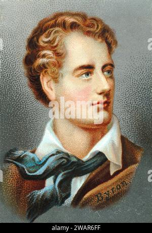 Porträt von Lord Byron (1788–1824), George Gordon Byron, 6. Baron Byron, englischer Dichter und Führer der romantischen Bewegung. 19.000 Chromolithographie. Stockfoto