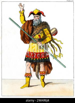 Ein Zauberer in Kostüm nach Osmond, einem sächsischen Zauberer und Heiler, in John Drydens King Arthur, oder The British Worthy (1691), selbst nach Merlin dem Zauberer in The Legend of King Arthur. Farbstich oder Illustration aus der 19.000er-Reihe Stockfoto