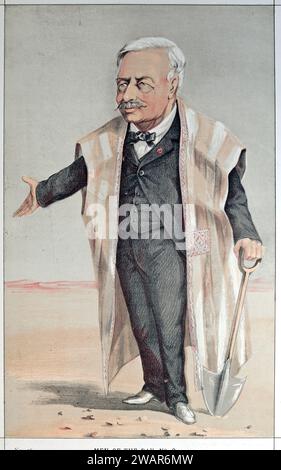 Porträt von Ferdinand de Lesseps (1805–1894) französischer Diplomat und Baumeister des Suez-Kanals mit symbolischer Spade. 1869 Illustration von Vanity Fair Stockfoto