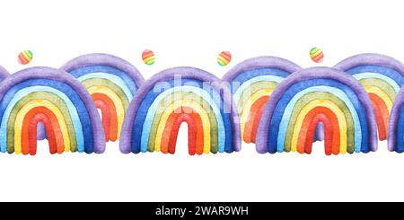 Aquarell handgezeichnete Regenbogen-Illustration. Nahtloser Rand, Muster perfekt für kreativen Geburtstag, Stolz-LGBT-Party, Druck, Textilien, Verpackung Stockfoto