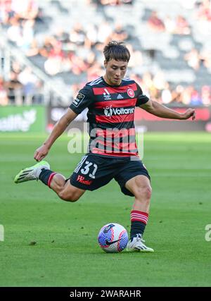 Parramatta, Australien. Januar 2024. Aidan Simmons vom Western Sydney Wanderers FC wurde 2023-24 während des Spiels der A-League Männer in der 11. Runde zwischen Western Sydney Wanderers FC und Central Coast Mariners im CommBank Stadium gezeigt. Endpunktzahl: Central Coast Mariners 1: 0 Western Sydney Wanderers. Quelle: SOPA Images Limited/Alamy Live News Stockfoto