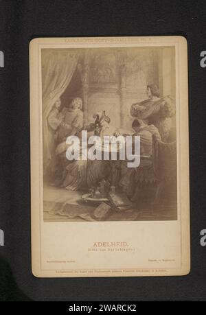 Fotoproduktion einer Szene mit Adelheid aus Goethes Götz von Berlichingen mit der Eisernen Hand, anonym, nach Wilhelm von Kaulbach, um 1880 - um 1885 Fotografie Teil eines Covers mit 21 Platten. Fotografische Unterstützung Albumendruck Malerei, Zeichnung und Grafik. Literarische Zeichen und Objekte. Schach. Laute und spezielle Lautenformen, z. B. Theorbo Stockfoto