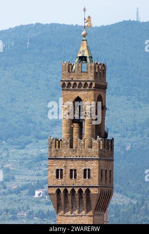 Florenz, Italien, 25. Juli 2023. Palazzo Vecchio auf der Piazza della Signoria, aus der Vogelperspektive Stockfoto