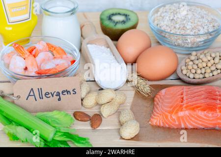 Zusammensetzung mit gängigen Lebensmittelallergenen wie Ei, Milch, Soja, Erdnüsse, Fisch, Fisch und Meeresfrüchte, Weizenmehl, Senf, Sellerie, Hafer mit Schriftzug ' Stockfoto