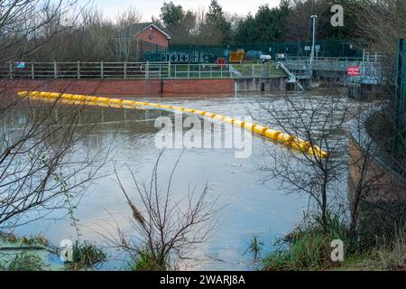 Dorney REACH, Großbritannien. Januar 2024. Der Jubilee River Flood Linviation Channel ist derzeit am Wehr in Dorney REACH in Betrieb. Der Jubilee River ist ein beliebter Ort für wilde Schwimmer, aber heute war die Strömung sehr stark im Wasser und es wurden Hinweise am Fluss angebracht. Der Parkplatz am Wehr wurde von der Umweltbehörde vorübergehend geschlossen. Der Jubliee River nimmt überschüssiges Hochwasser aus der Themse, was dazu beiträgt, Überschwemmungen in Maidenhead, Eton und Windsor in Berkshire zu stoppen. Quelle: Maureen McLean/Alamy Live News Stockfoto